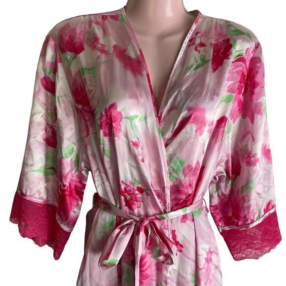 Jones New York Robe Womens Small Medium Pink Floral Satin Kimono Belted Pockets - Picture 3 of 6